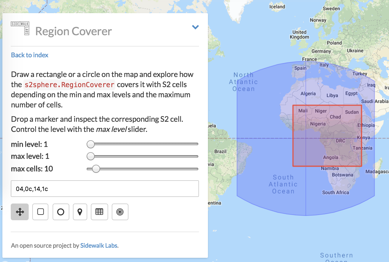 S2Cell region coverer with example cell tokens